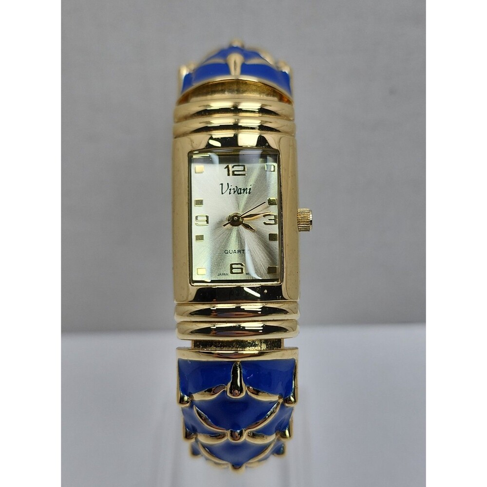 Vivani ST311 Womens Gold Tone Blue Enamel Cuff Bracelet Quartz Watch New Battery